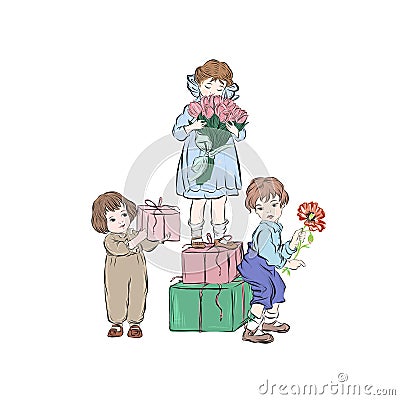 Boy gives gift to girls Vector Illustration